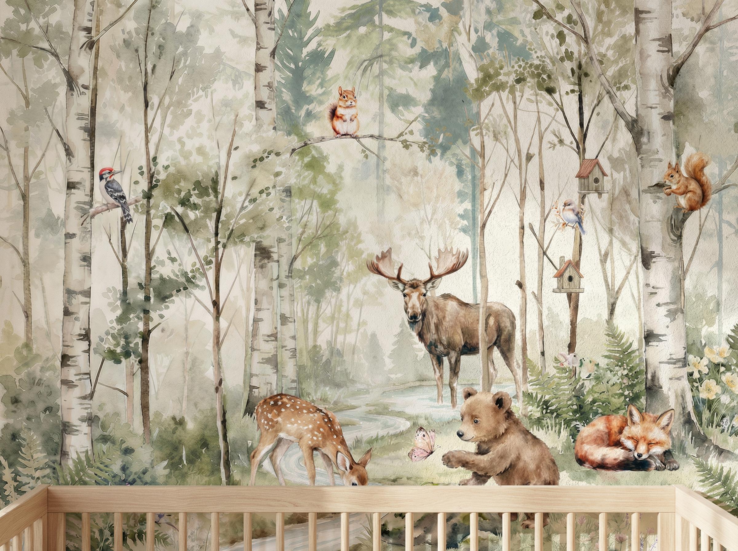 Woodland Animals Wallpaper - Peel and Stick Nursery Mural | Forest ...