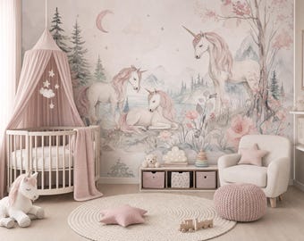 Behang kinderkamer eenhoorn – pastel bosmuurschildering voor meisjeskamer, roze fantasie decor, aangepast formaat