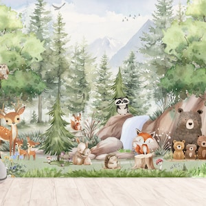 Carta da parati con animali della foresta, decorazioni murali con alberi acquerellati, animali selvatici, decorazioni per la cameretta dei bambini, carta da parati personalizzata