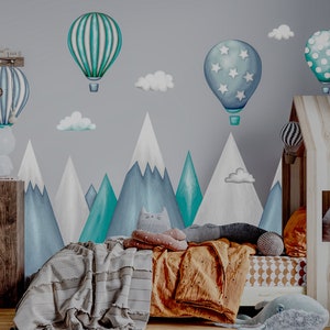 Wandaufkleber für Kinder, Berge, Heißluftballons, Wandtattoo Berge für Jungen, Wolken, Luftballons, Mädchenzimmer-Dekoration, Wandkunst Bild 3