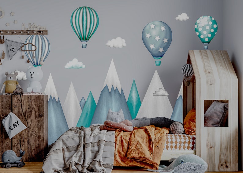 Wandaufkleber für Kinder, Berge, Heißluftballons, Wandtattoo Berge für Jungen, Wolken, Luftballons, Mädchenzimmer-Dekoration, Wandkunst Bild 3