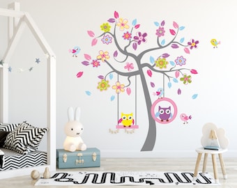 Stikers mur Owl Trees Animals Wall Decal Decor, Girls Boys Nursery Room Birds Art Childroom Forest Kinder Baby Kids Room Enfants