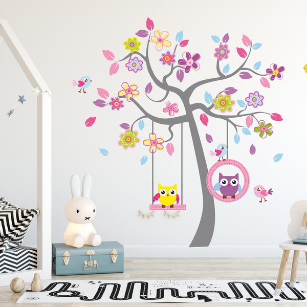 Stikers mur Owl Trees Animals Wall Decal Decor, Girls Boys Nursery Room Birds Art Childroom Forest Kinder Baby Kids Room Enfants