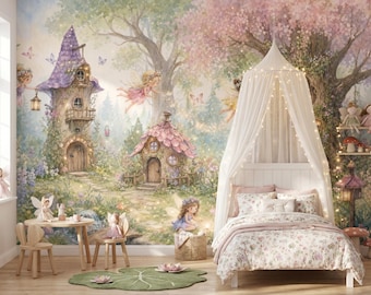 Fairies Enchanted Forest Wall Mural Magical Tree House Peel and Stick Wallpaper Girls Room