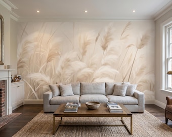 Beige Pampas Grass Wall Mural - Abstract Landscape Wallpaper, Neutral Boho Living Room Decor, Custom Size Peel and Stick, Removable