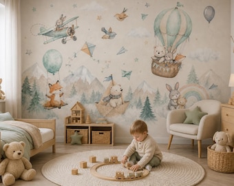 Kids wall mural woodland animals hot air balloons mountains pastel  Scandinavian peel and stick