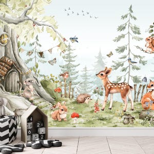 Wallpaper animals Woodland Trees, Peel and Stick, Kids Wall Mural Self Adhesive, Decor Forest DecalWall Child Room Forest Wallpaper