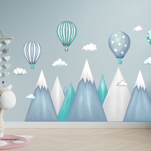 Sticker mural enfant montagnes, montgolfières, garçons, montagne, nuages, ballons, décoration de chambre de filles, art mural image 6