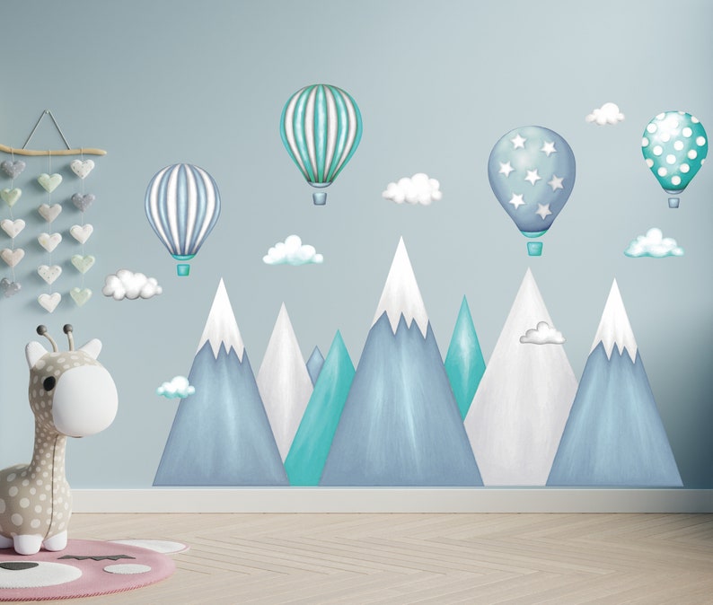 Wandaufkleber für Kinder, Berge, Heißluftballons, Wandtattoo Berge für Jungen, Wolken, Luftballons, Mädchenzimmer-Dekoration, Wandkunst Bild 6