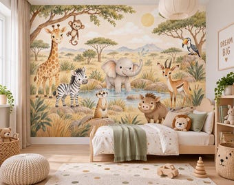 Safari Wallpaper Mural, African Wildlife Nursery Decor, Giraffe Elephant Zebra, Custom Size