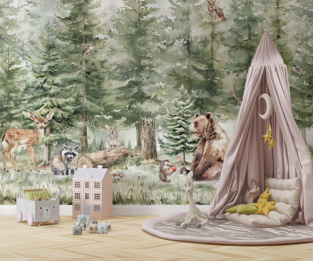Wallpaper Animals Woodland Trees, Peel and Stick, Kids Wall Mural Self ...