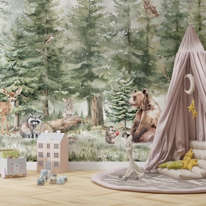 Papier peint animaux, arbres des bois, papier peint autocollant, décoration murale enfant auto-adhésive, décalcomanie pour chambre d'enfant, décoration de montagne, papier peint forêt
