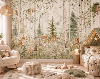 Woodland Animals Wallpaper - Peel and Stick Nursery Mural | Forest Trees, Kids Wall Decor Watercolor custom made