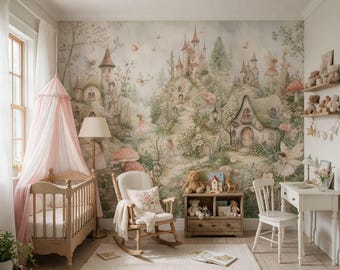 Enchanted Fairy Garden Wallpaper Mural – Magical Castle & Fairies  Custom Size Peel and  Stick