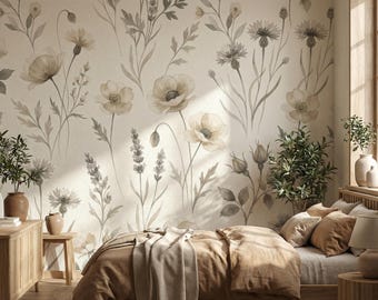 Wildflower Wallpaper Mural | Neutral Boho Watercolor Floral Peel and Stick | Vintage Meadow Wall Art | Custom Bedroom Wall Decor