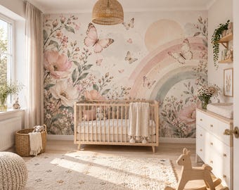 Floral Butterfly Wallpaper, Peel and Stick Nursery Wall Mural, Rainbow Room Decor, Custom Size