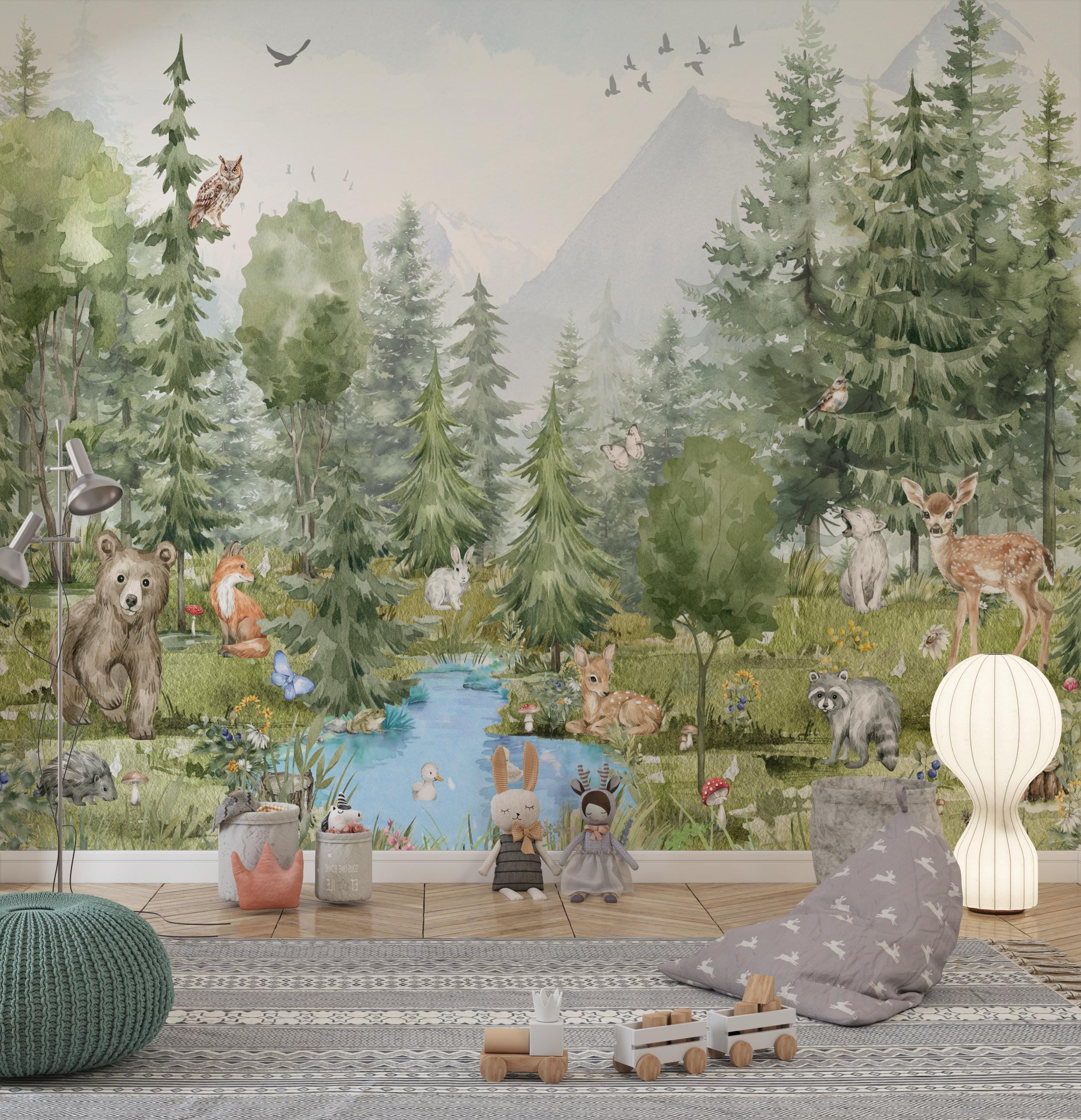 Woodland Animals Wallpaper - Peel and Stick Nursery Mural | Forest ...
