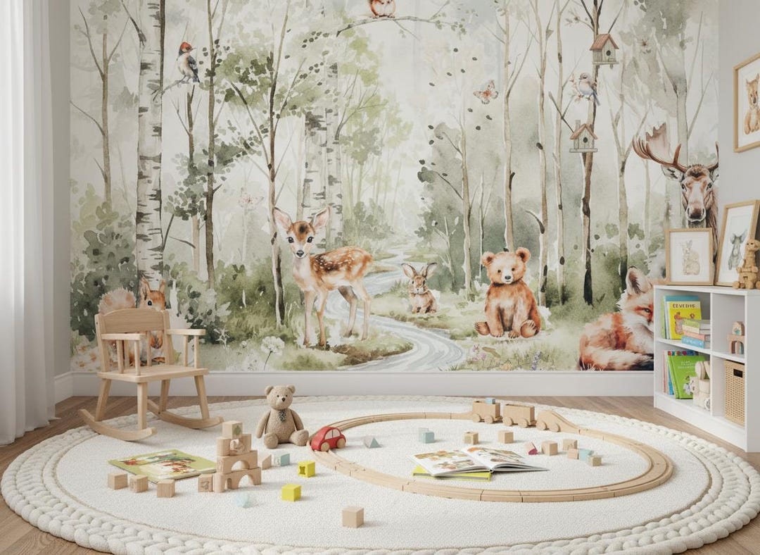 Wallpaper Kids Mountain Nursery Woodland Animals Forest Wall Mural Pine ...