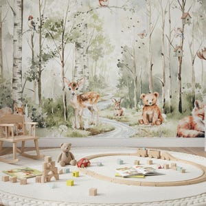 May include: A nursery with a forest-themed mural featuring deer, rabbits, and a bear. A wooden rocking chair, a round rug, and a toy train set are in the foreground. A small bookshelf displays books and framed art.