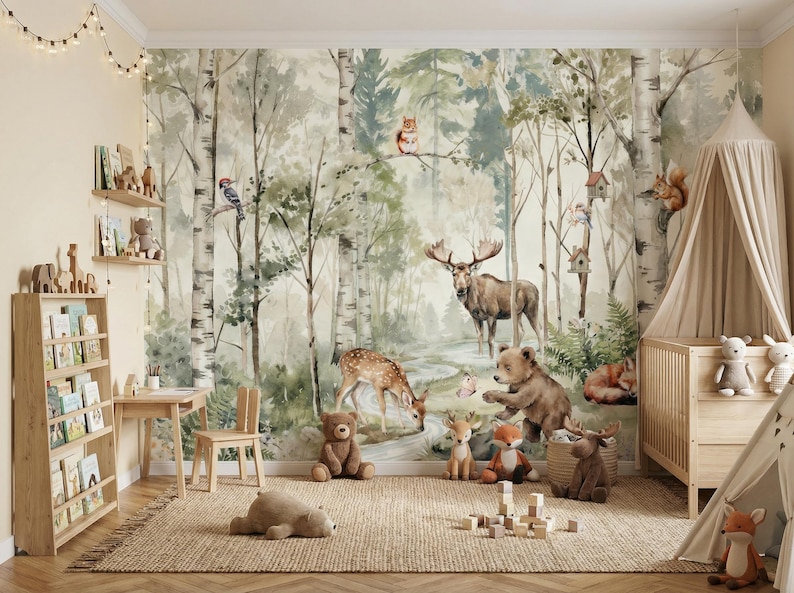 Woodland Animals Wallpaper - Peel and Stick Nursery Mural | Forest ...