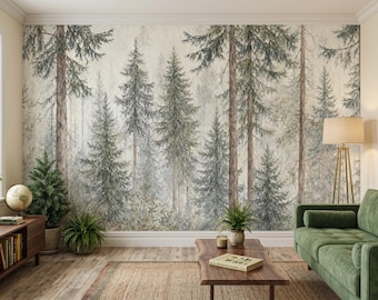 Misty Pine Forest Wall Mural Landscape Wallpaper with filing and sticking Bedroom and living room decoration.