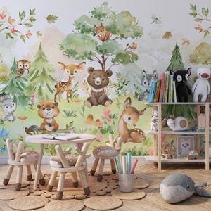 Wallpaper animals Woodland Trees, Peel and Stick, Kids Wall Mural Self Adhesive, Decor Forest DecalWall Child Room Forest Wallpaper