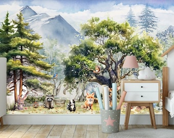 Tapete für Kinder, Wald, Tiere, Wälder, Kinderzimmer, Bär, Hirsch, Fuchs, selbstklebende Wanddekoration, abziehen und aufkleben, Aquarellfarben, abziehen und aufkleben