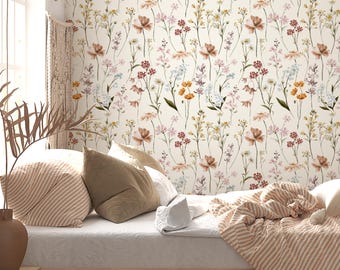 Wildflower Wallpaper, Floral Wildflowers in Watercolors Boho Meadow Wall Mural Pastel Peel and Stick Vintage Custom Made Wall Decoration