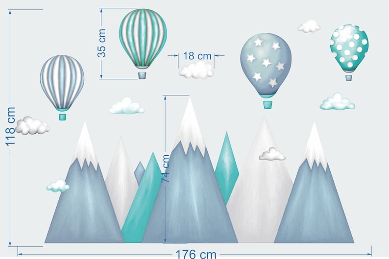 Adesivo da parete per bambini Montagne, Mongolfiere Decalcomania murale per ragazzi Montagna, Nuvole, Palloncini Decorazioni per la stanza dei bambini per ragazze Arte della parete immagine 8