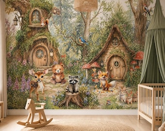Whimsical Woodland Forest Wallpaper Fairytale Animal Wall Mural Enchanted Forest Peel and Stick Custom Size Nursery Decor Kids Room