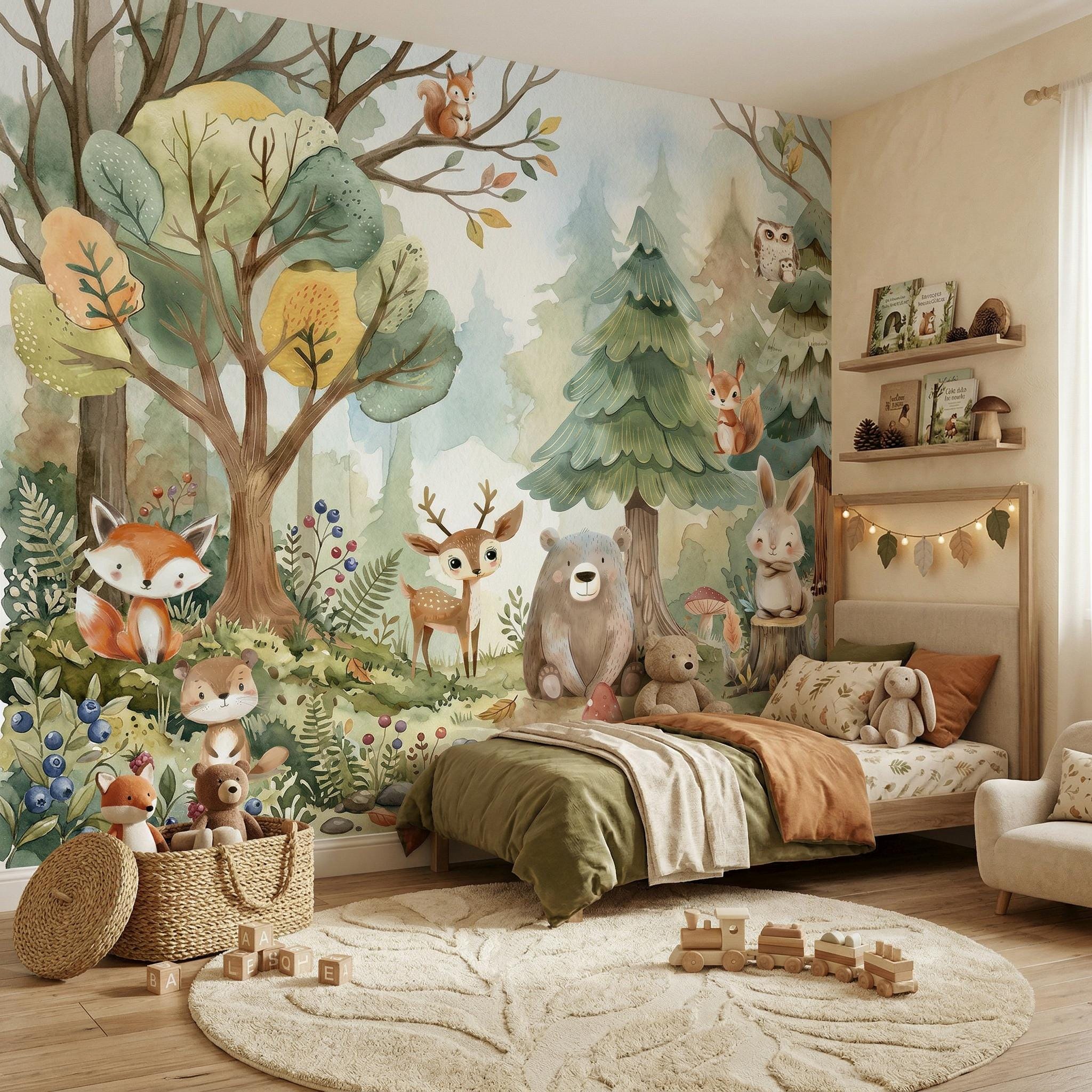 Woodland Animals Wallpaper - Peel and Stick Nursery Mural Forest Trees ...