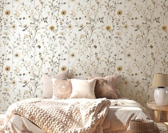 Wildflower Wallpaper, Floral Wildflowers in Watercolors Boho Meadow Wall Mural Pastel Peel and Stick Vintage Custom Made Wall Decoration