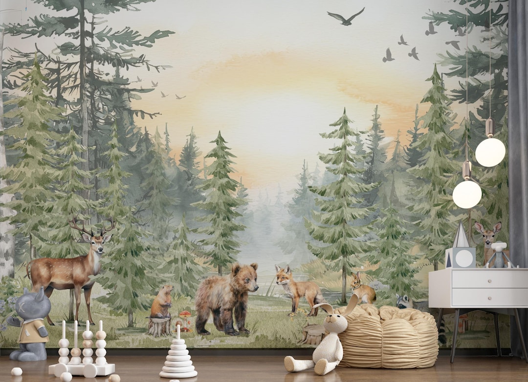 Forest Animals Nursery Wallpaper Woodland Wall Art Watercolor Pine ...