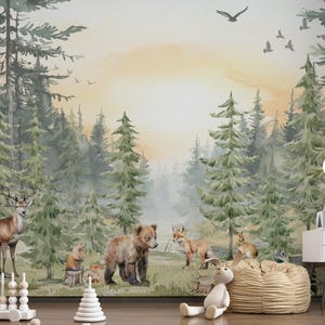 Carta da parati per bambini con animali della foresta, arte murale del bosco, alberi di pino acquerelli, animali selvatici, stacca e attacca, decorazione per la stanza dei bambini, carta da parati personalizzata