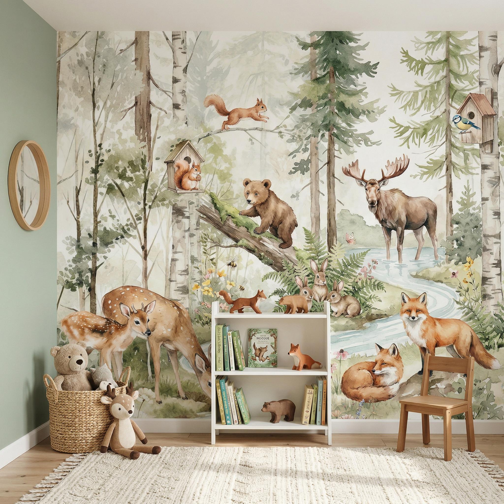 Woodland Animals Wallpaper - Peel and Stick Nursery Mural | Forest ...