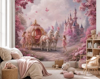 Pink Princess Carriage Wallpaper Mural, Magical Fairy Castle, Elegant Nursery Wall Decor, Whimsical Kids Room Wallpaper