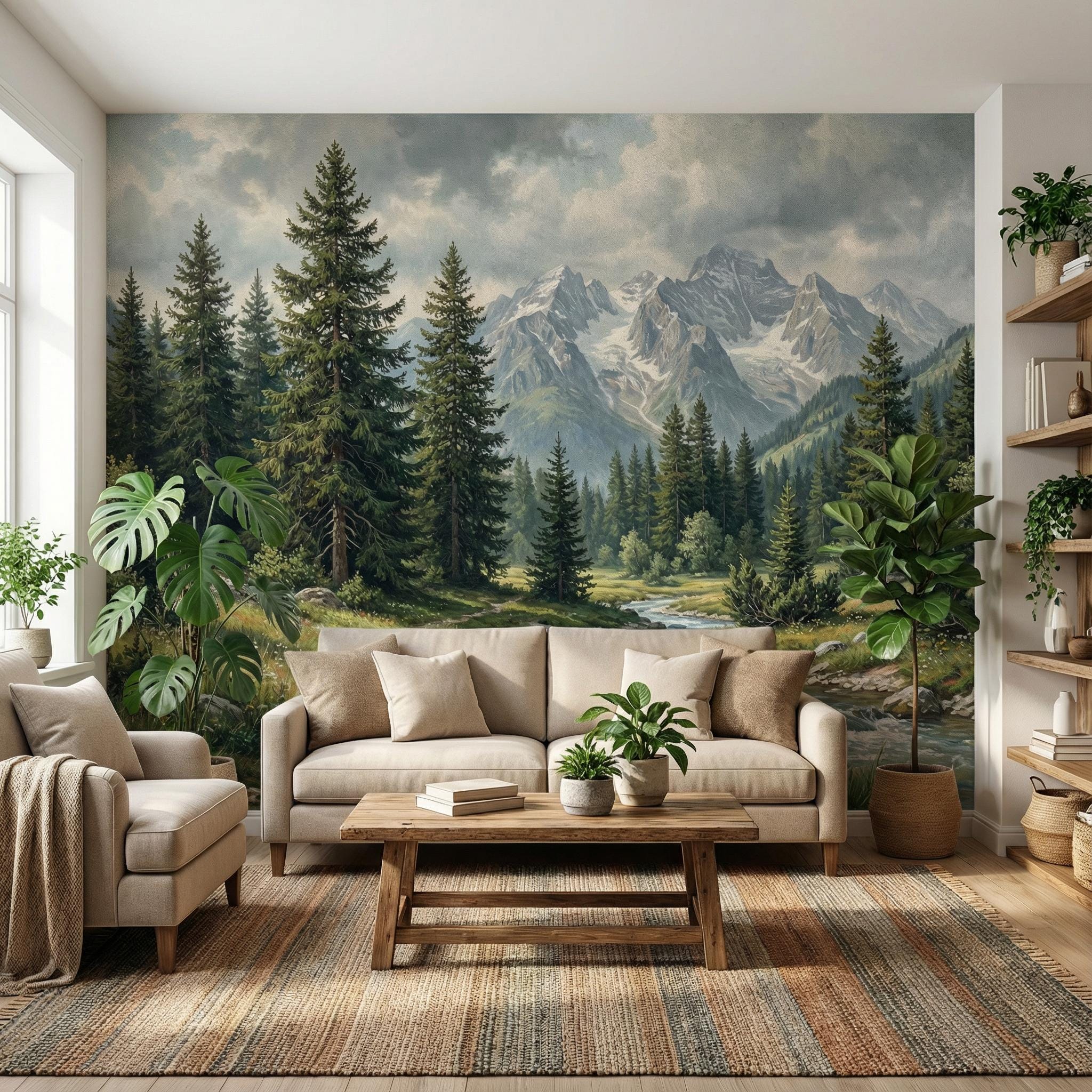 Nature Landscape Wall Mural: Forest, Mountain & Lake. Peel and Stick or ...