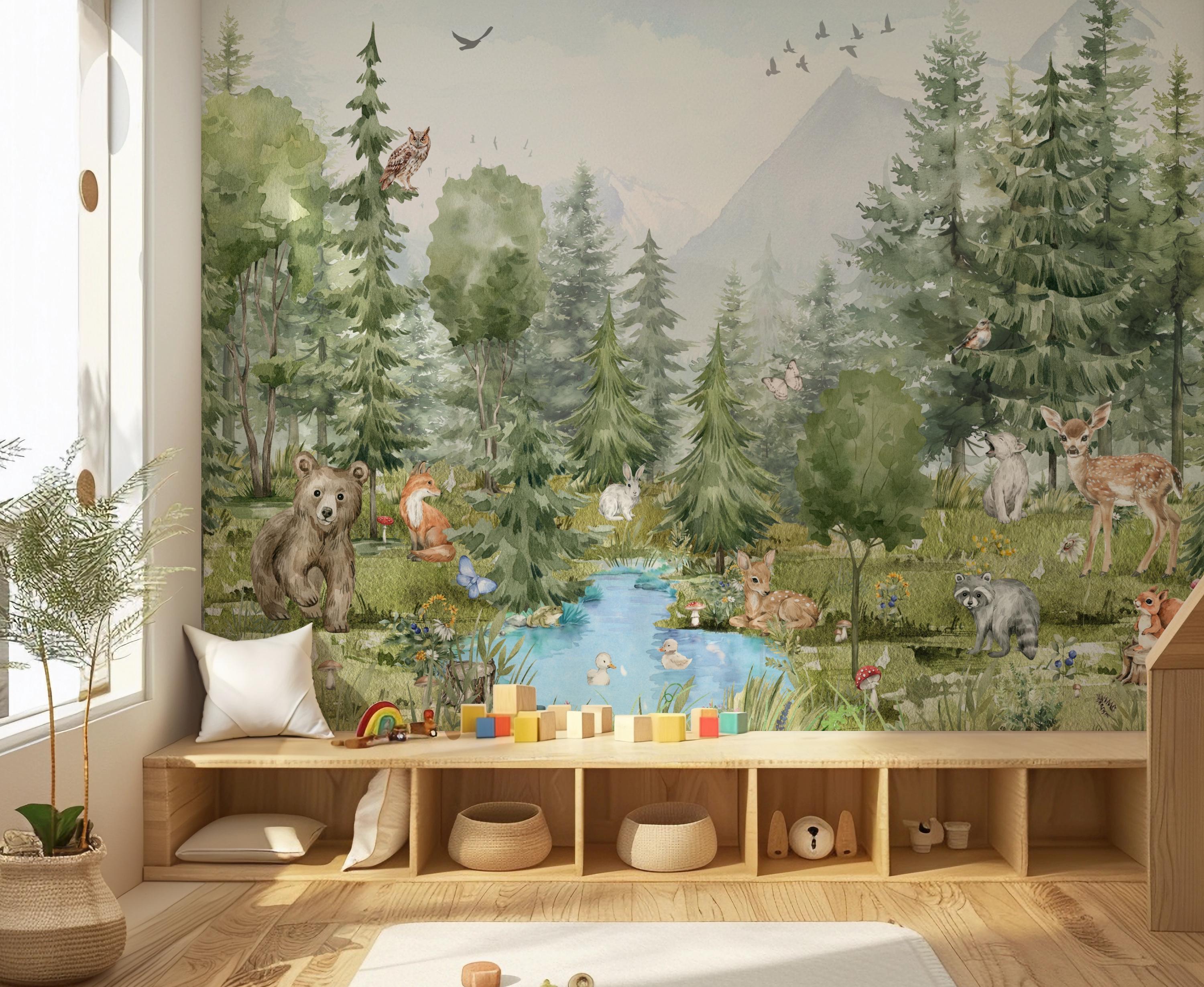 Woodland Animals Wallpaper - Peel and Stick Nursery Mural | Forest ...