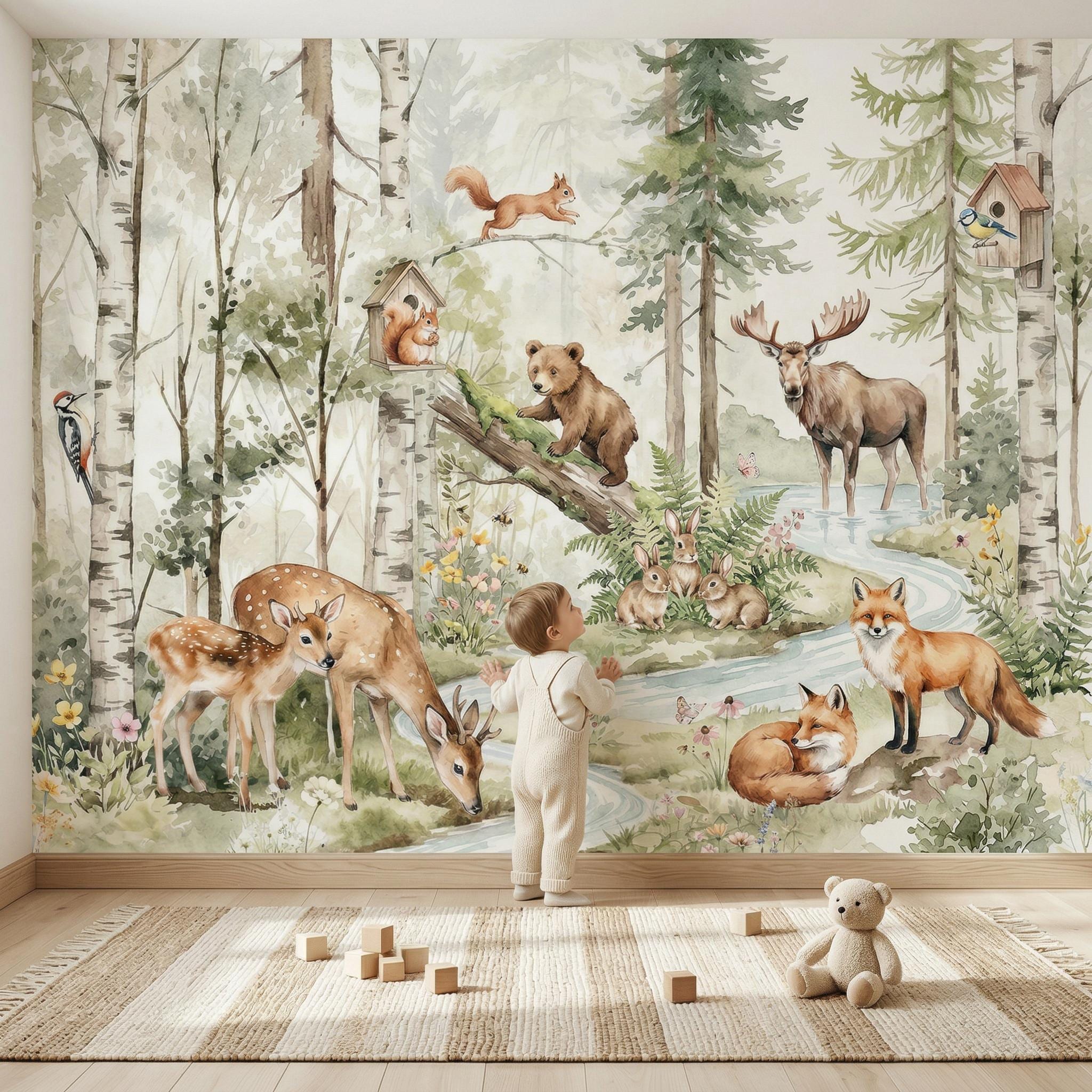 Woodland Animals Wallpaper - Peel and Stick Nursery Mural | Forest ...