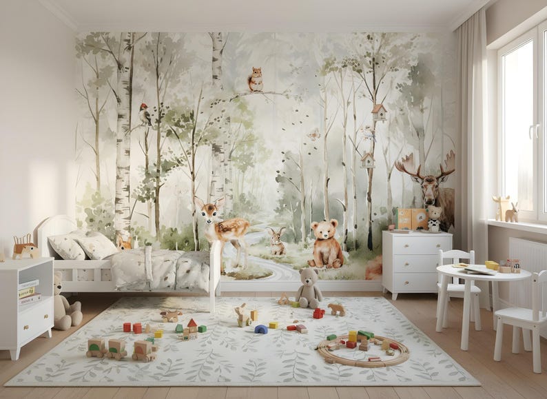 Wallpaper Kids Mountain Nursery Woodland Animals Forest Wall Mural Pine ...