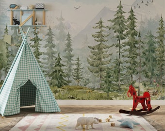 Berg Bäume Tapete, Schälen und aufkleben Wald Wandbild, Kinderzimmer Dekor