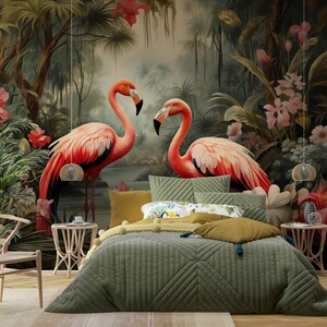 Wallpaper Flamingo Self Adhesive Palm Trees and Leaves floral vintage retro baroque wall mural botanical Wall decor living room image 2