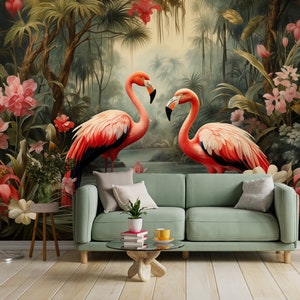 Wallpaper Flamingo Self Adhesive Palm Trees and Leaves floral vintage retro baroque wall mural botanical Wall decor living room image 1