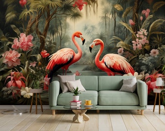 Tapete Flamingo Selbstklebende Palmen und Blätter florales Vintage Retro Barock Wandbild botanisches Wanddekor Wohnzimmer