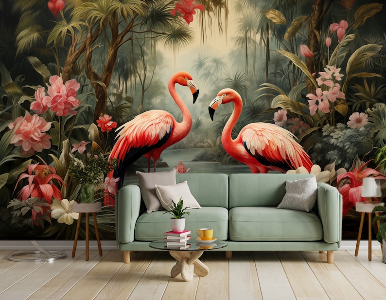Wallpaper Flamingo Self Adhesive Palm Trees and Leaves floral vintage retro baroque wall mural botanical Wall decor living room image 1