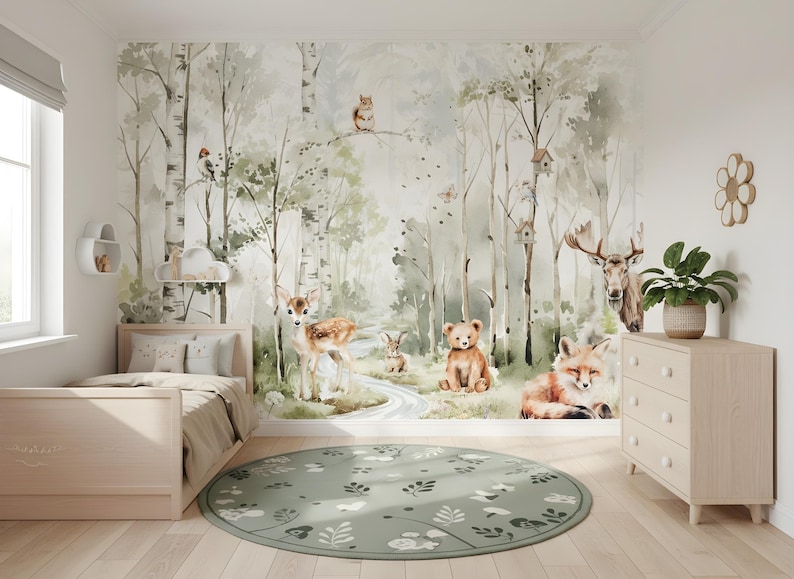 Wallpaper Kids Mountain Nursery Woodland Animals Forest Wall Mural Pine ...