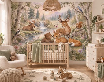 Custom Watercolor Woodland Animals Wallpaper – Peel & Stick Nursery Mural (Custom Size)
