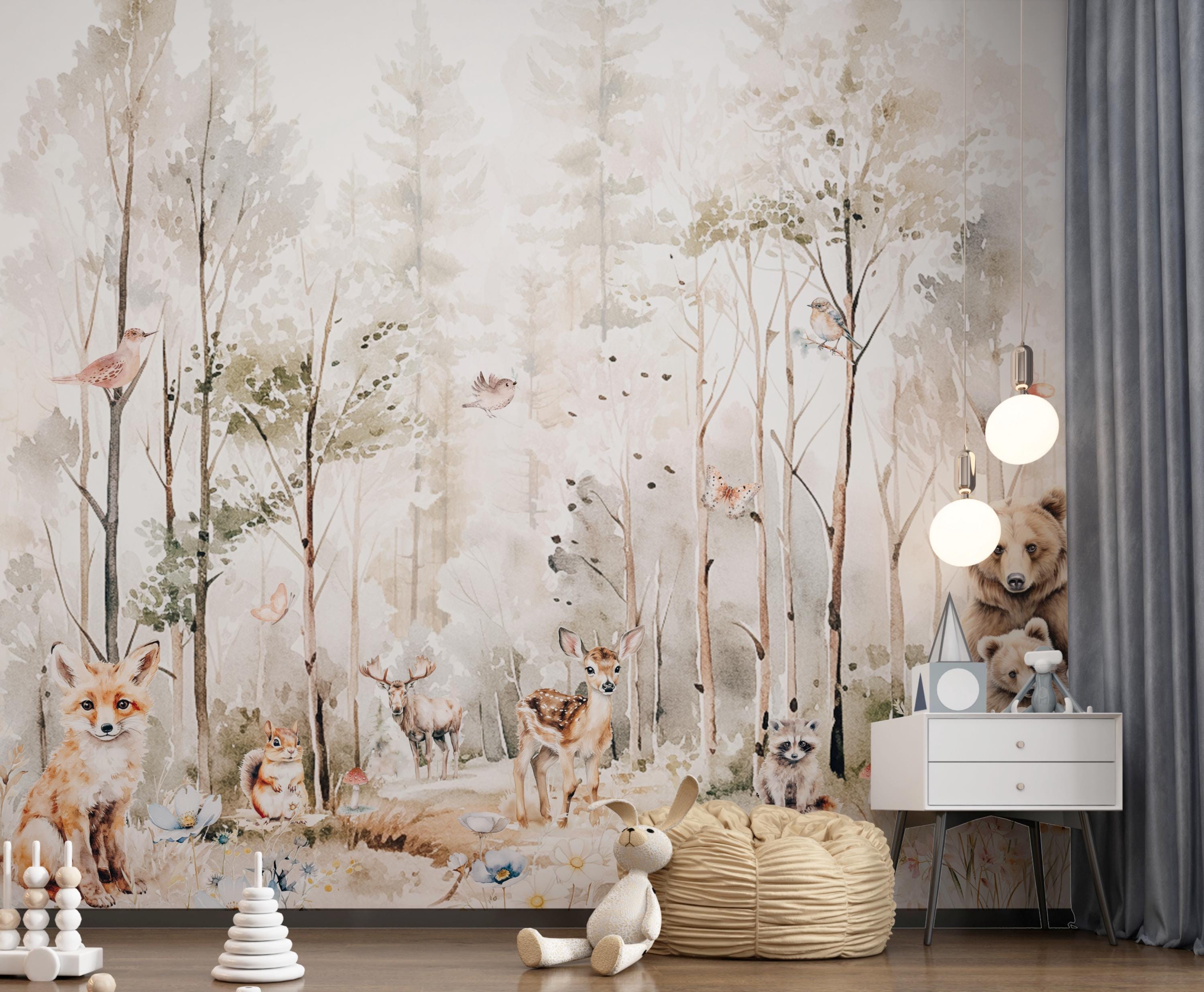 Wallpaper Animals Woodland Trees, Peel and Stick, Kids Wall Mural Self ...