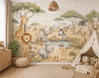 Safari Animal Wallpaper Mural Kids Room Neutral Nursery Wall Decor Custom Peel and Stick
