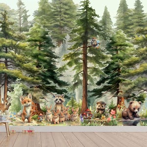 Papier peint animaux des bois, papier peint autocollant, décoration murale auto-adhésive pour enfants, sticker forêt décoration murale, papier peint forêt pour chambre d'enfant